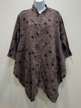 Yasuko Women’s Button Up Tunic Top Hanky Hem S/M Lagenlook Artsy
